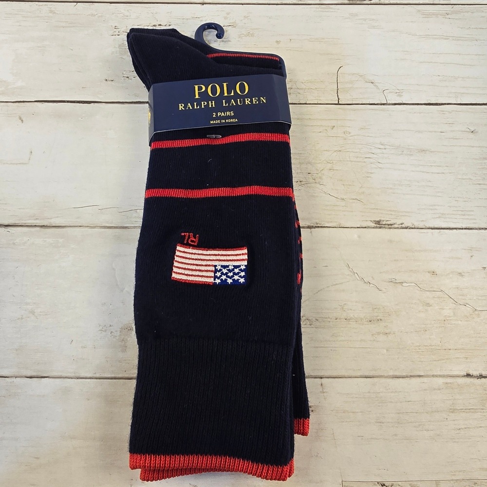 NWT Polo Ralph Lauren Mens Crew Socks 2 Pair Navy Red Striped American Flag Pony